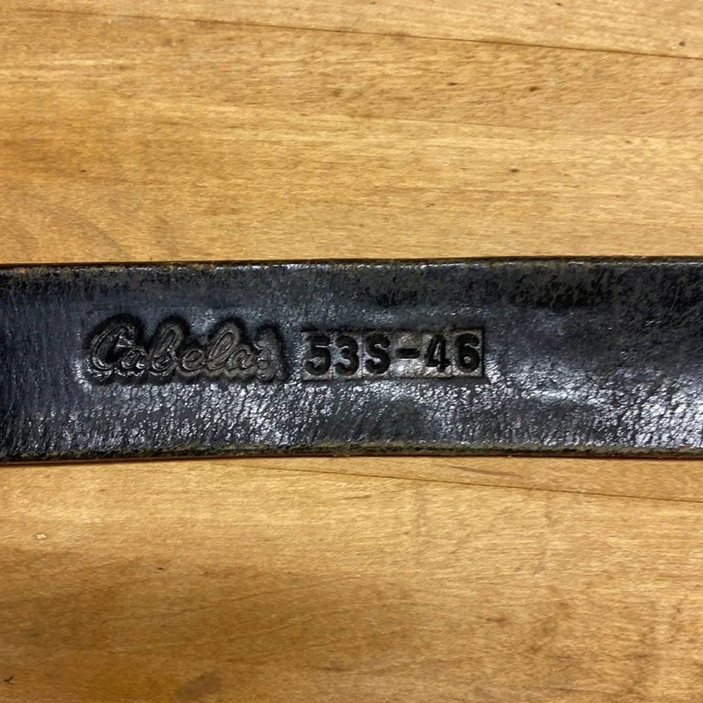 Cabela’s black leather braided tooled leather belt distressed size 46 brass